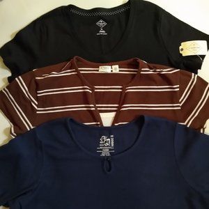 3 Tops 1. St John's Bay XL.  2. Brown/White Stripe by CATO. 3. Relaxed Fit Navy